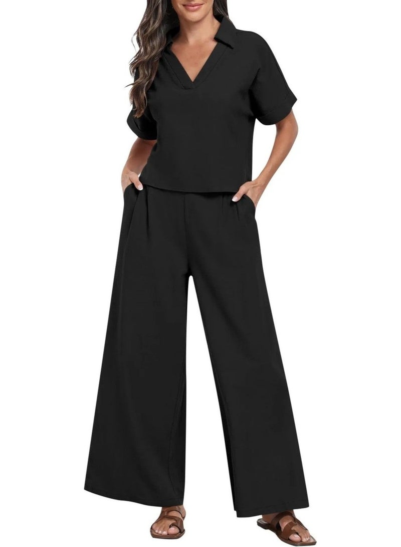 Barbora Elegant Women's T-Shirt and Long Pants Top and Bottom Two Piece Set V Neck Short Sleeve Casual Casual Dress LN27BLACK - Image 4